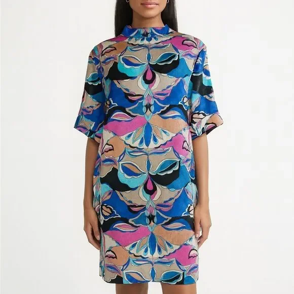 EMILIO PUCCI Multicolored Abstract Print Short Sleeve Shift Mini Dress S… - Picture 2 of 12